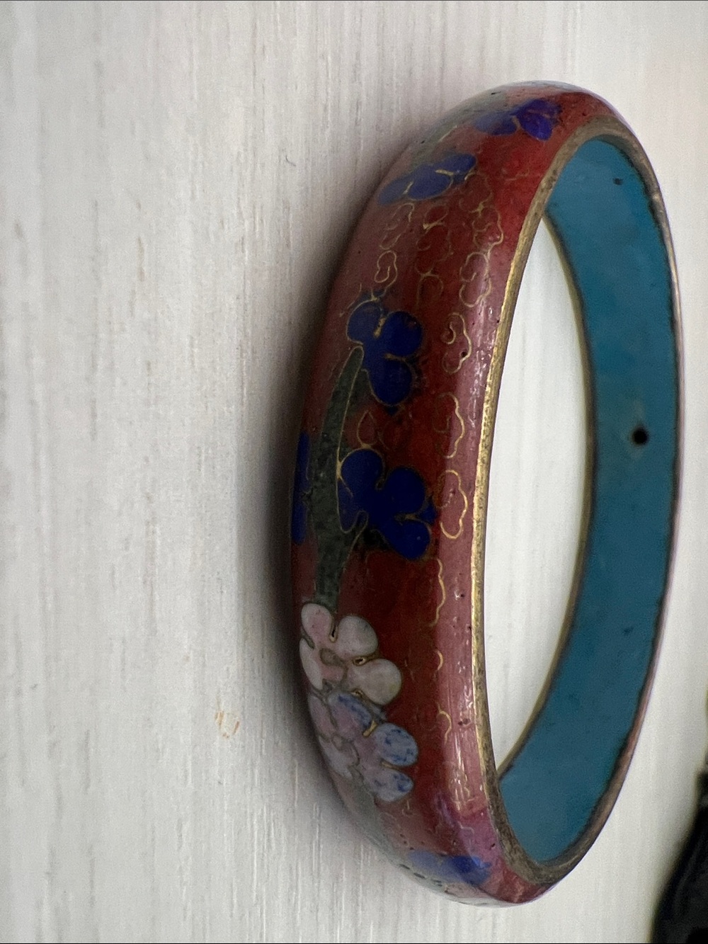 Red Floral Cloisonné Bangle Bracelet with Turquoise Interior